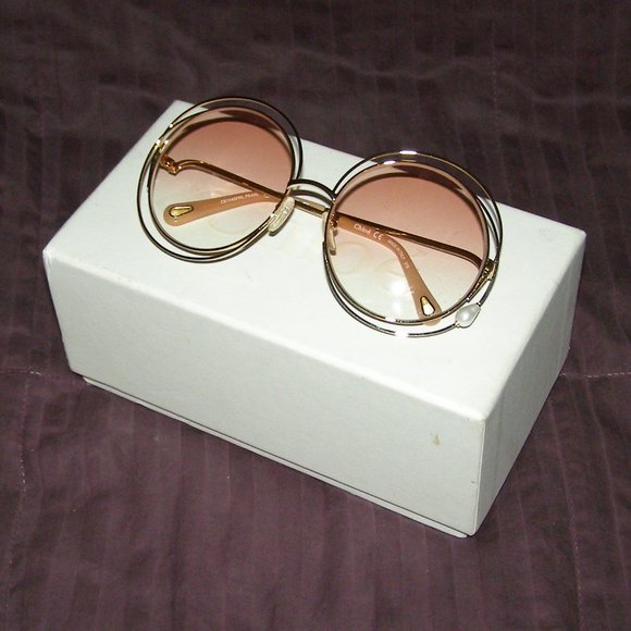 NEW w/Box CHLOÉ Carlina Pearl Round-frame Sunglasses In Gold Gradient Pe… - Picture 5 of 16